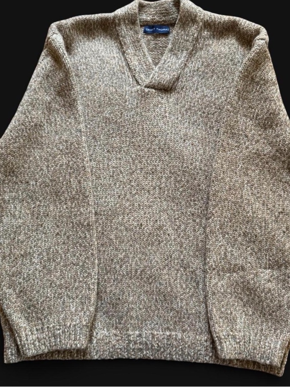 Vintage Grant Thomas Men Chunky Knit Merino Wool Blend Sweater Oatmeal V Neck XL